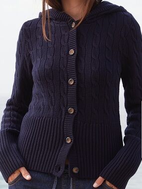 John Galt Blue Cable Knit Button Down Hooded Sweater